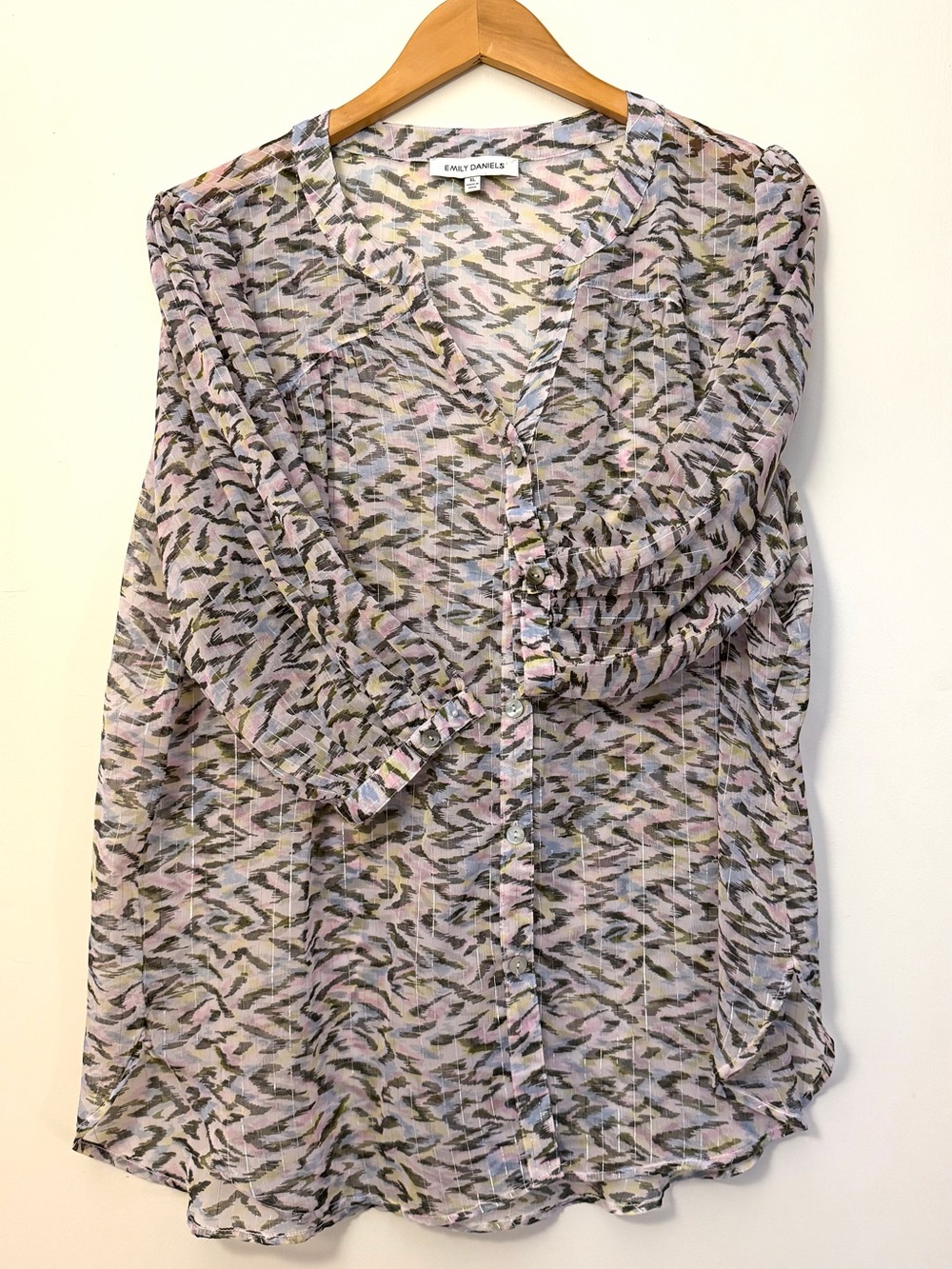 Emily Daniels Animal Print Metallic Thread Sheer Button-Front Blouse